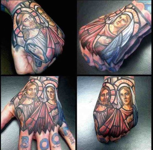 Stained Glass Jesus And Mary Tattoo On Hand