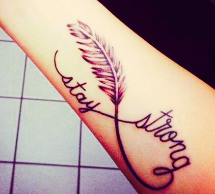 Stay Strong with Feather & Infinity Symbol Tattoo on Girl's Forearm
