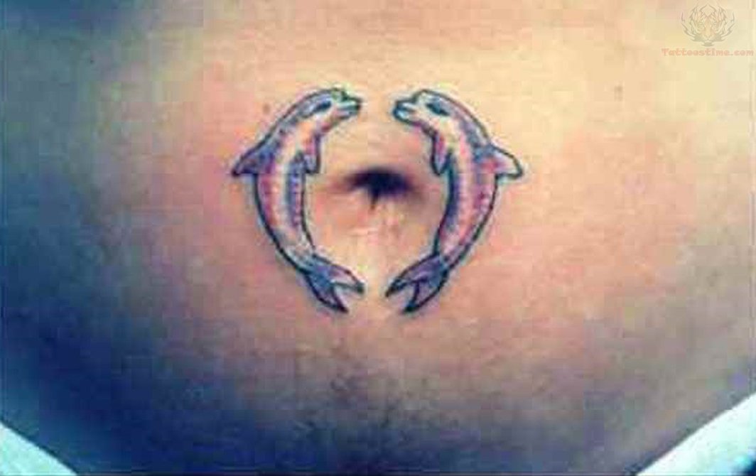 Two Dolphins Tattoo On Belly Button.