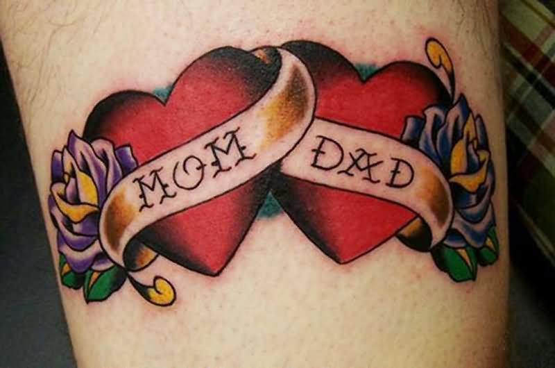 Two Red Hearts With Mom Dad Banner & Roses Tattoo Design