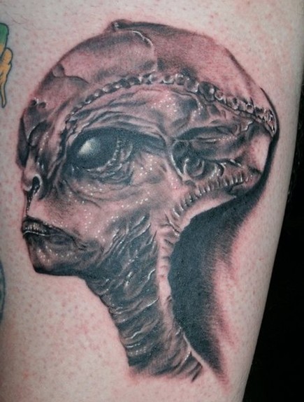 Ugly Alien Head Tattoo On Arm Sleeve