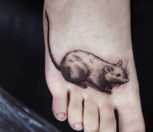 Unique Black Rat Tattoo On Foot