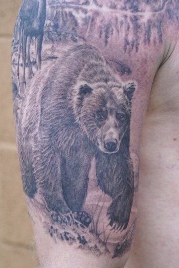 Walking Bear Wildlife Tattoo On Half Sleeve