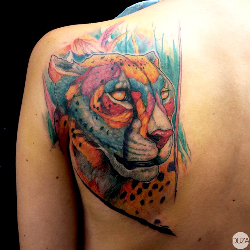 Watercolor 3D Leopard Head On Left Back Shoulder By Duza