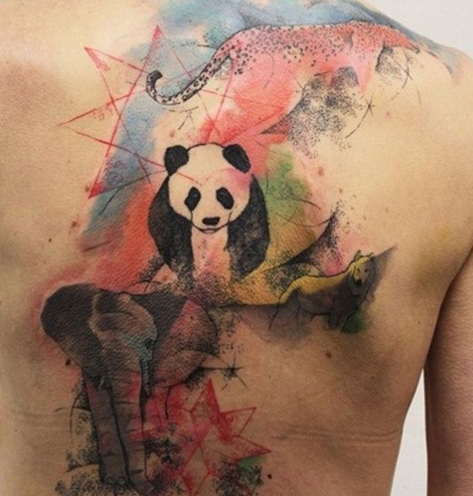 Watercolor Bear, Wolf, Elephant Animals Tattoo On Man Back