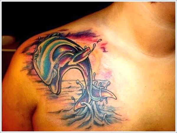 Watercolor Dolphin Tattoo On Front Shoulder