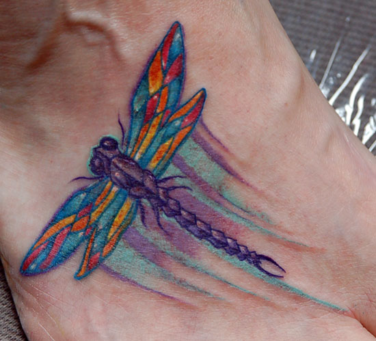 Watercolor Flying dragonfly Tattoo On Foot