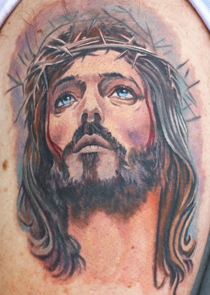 Watercolor Jesus Face Tattoo On Shoulder By Todo Brennan