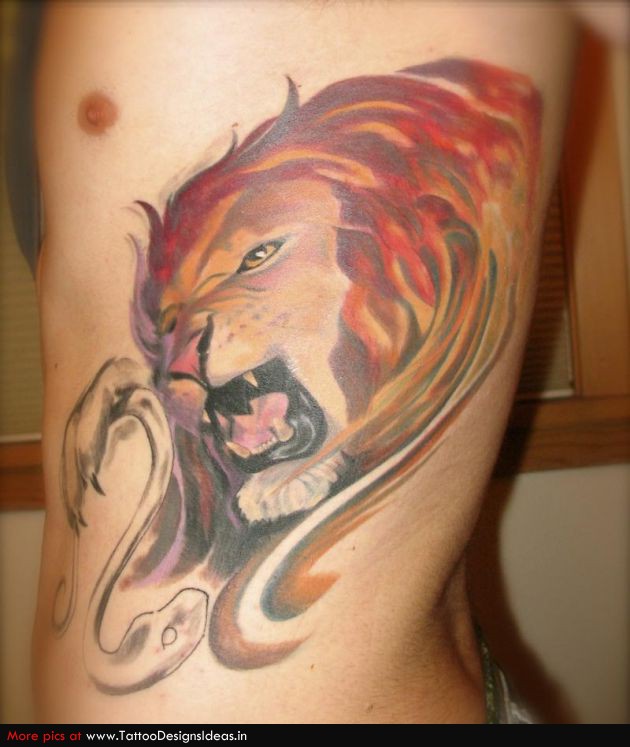Watercolor Lion With Snake Tattoo On Side Rib