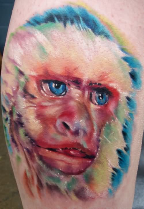 Watercolor Monkey Face Tattoo On Leg