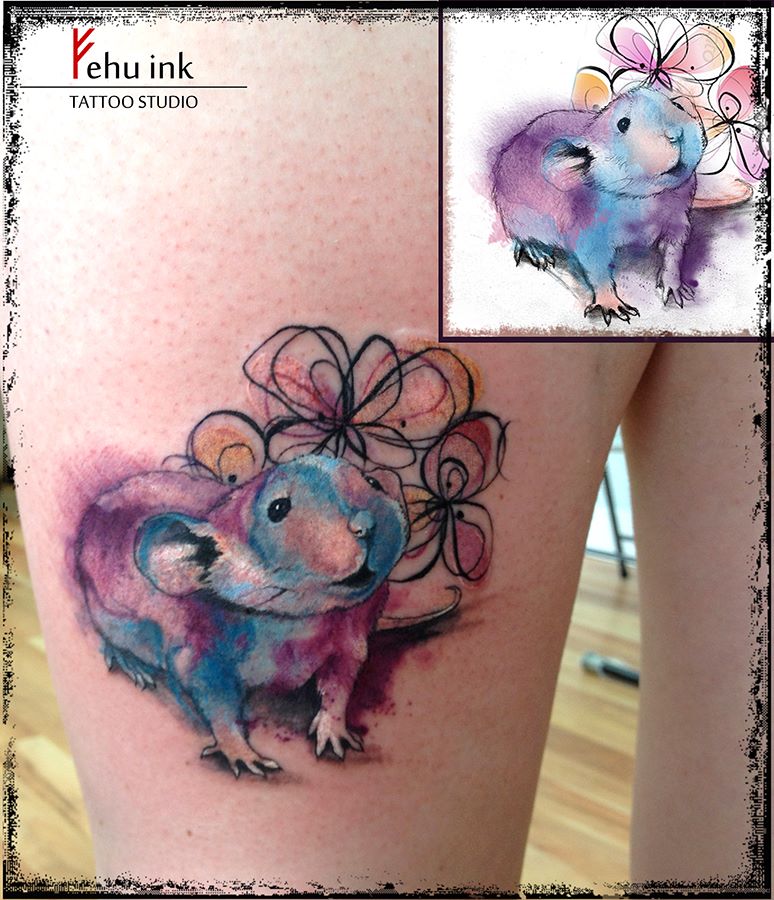 Watercolor Rat Tattoo On Thigh By Elle Gottzi