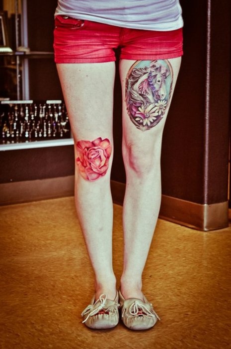 Watercolor Red Rose Tattoo On Girl Knee