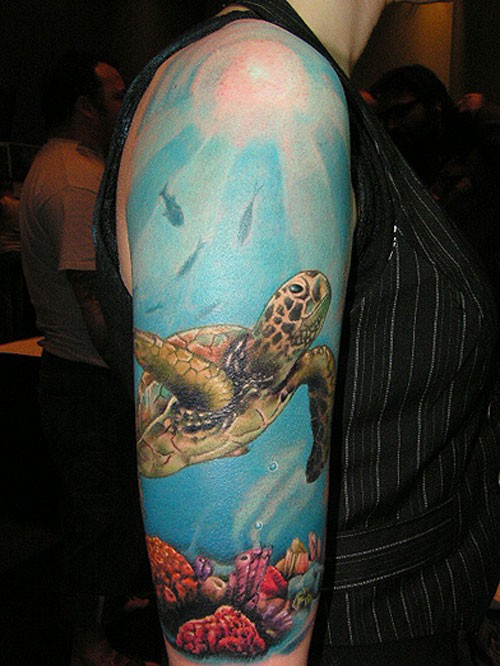 Watercolor Turtle In Ocean Tattoo On Right Half Sleeve