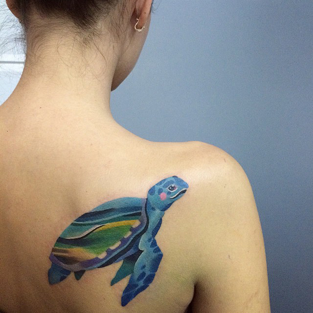 Watercolor Turtle Tattoo On Girl Right Back Shoulder