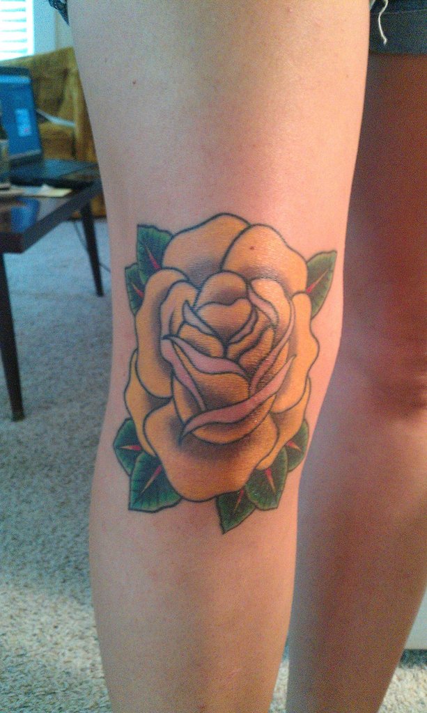 Yellow Rose Tattoo On Knee