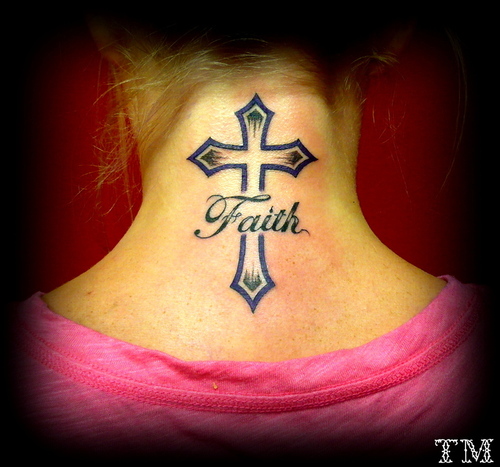 Amazing Black Faith With Cross Tattoo On Girl Back Neck
