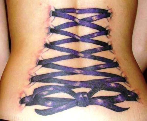 Amazing Purple Corset Bow Tattoo On Girl Back