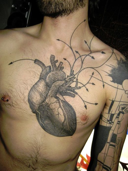 Anatomical heart line drawing and flow diagram tattoo on chest