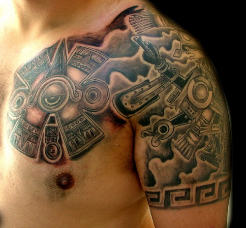 Aztec Tattoo On Chest And Shoulder For Men
