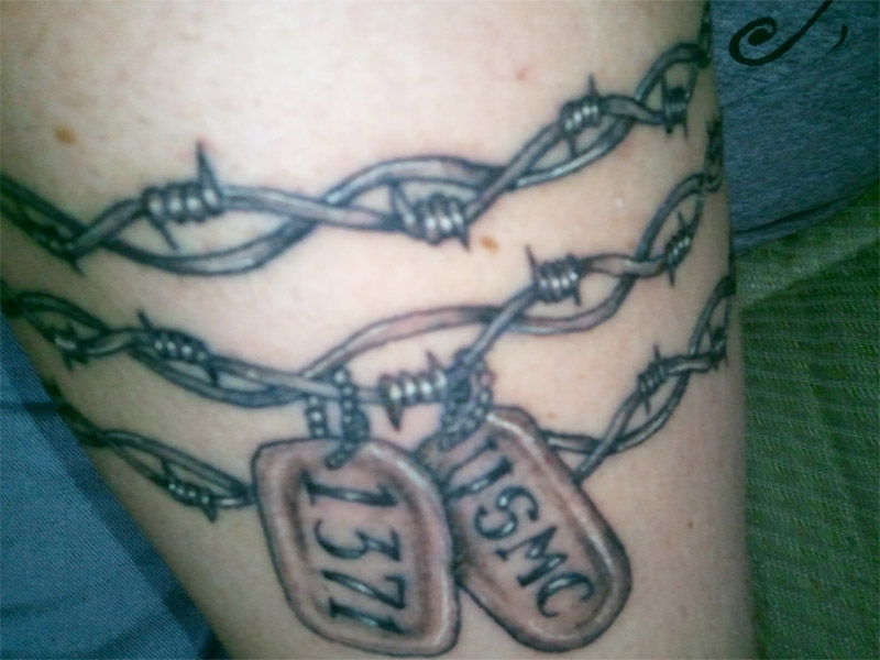 Barbed Armband Tag Tattoo On Bicep