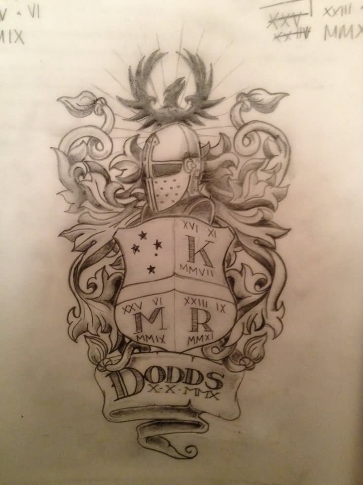 Black And Grey Family Crest With Banner Tattoo Design