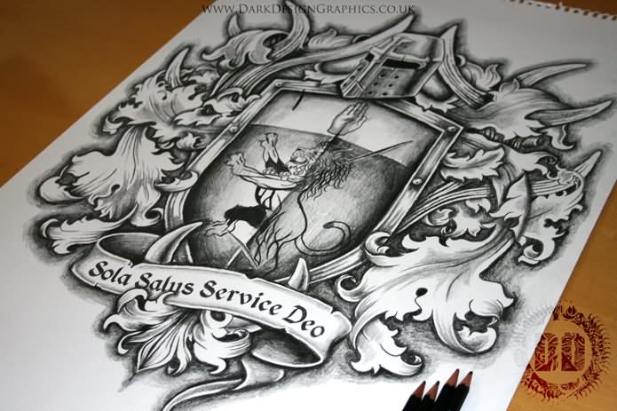 Black And Grey Lion In Family Crest Tattoo Design