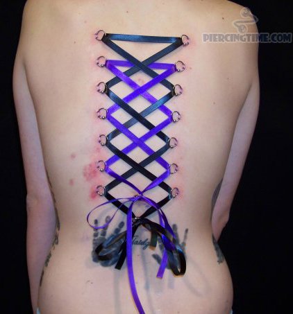Black And Purple Two Corset Bow Tattoo On Girl Back