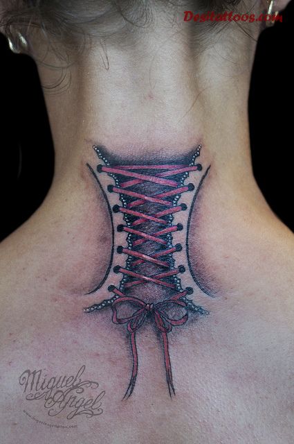 Black And Red 3D Corset Bow Tattoo On Back Neck