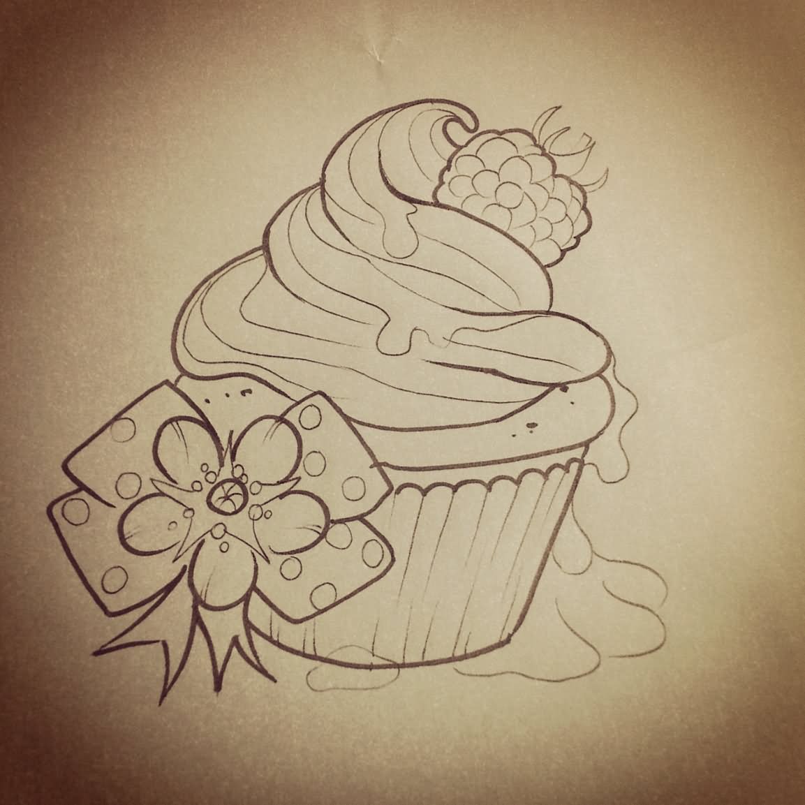 Black Cupcake With Bow Tattoo Stencil