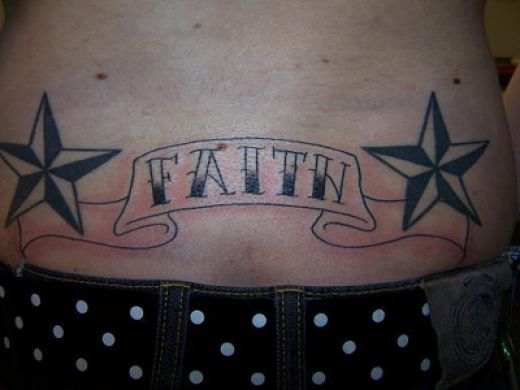 Black Faith In Banner With Two Nautical Star Tattoo Design