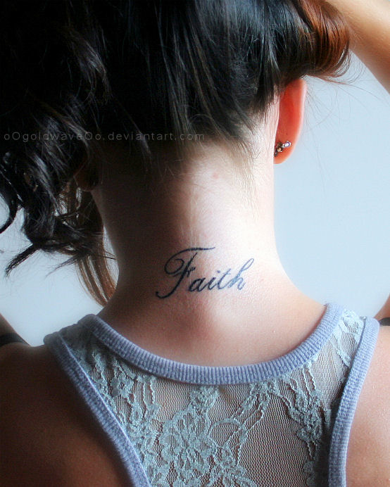 Black Faith Tattoo On Girl Back Neck By Eleonora