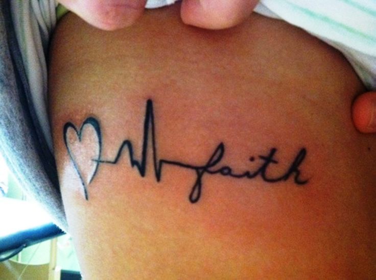 Black Faith With Heart And Heartbeat Tattoo On Side Rib