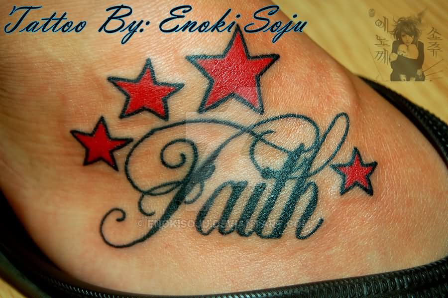 Black Faith With Red Stars Tattoo on Foot By Enoki Soju