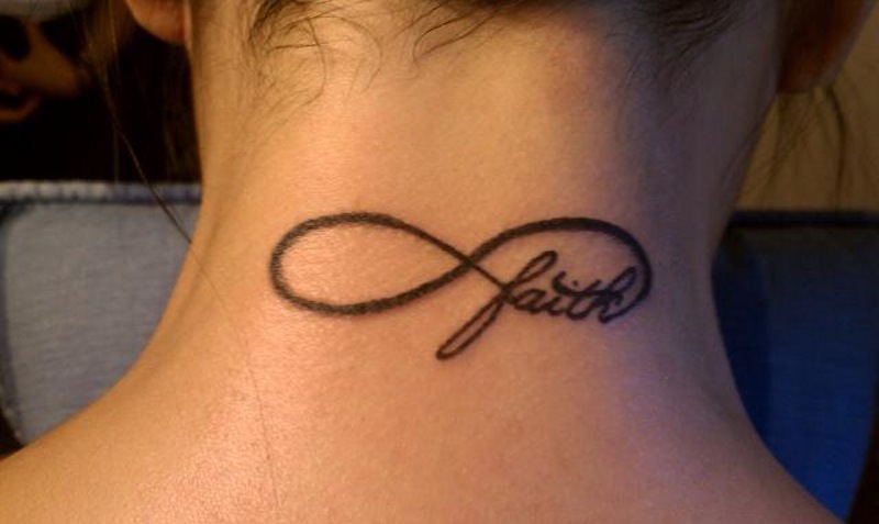 Black Infinity Faith Tattoo On Girl Back Neck