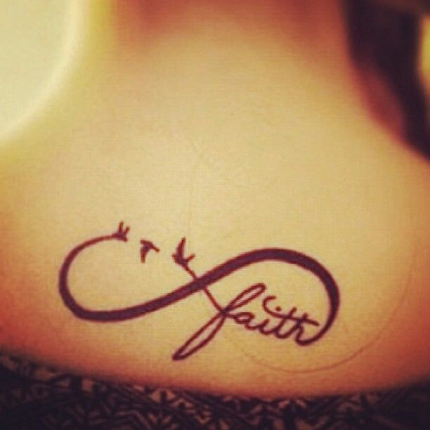 Black Infinity Faith With Three Little Flying Birds Tattoo On Girl Upper Back