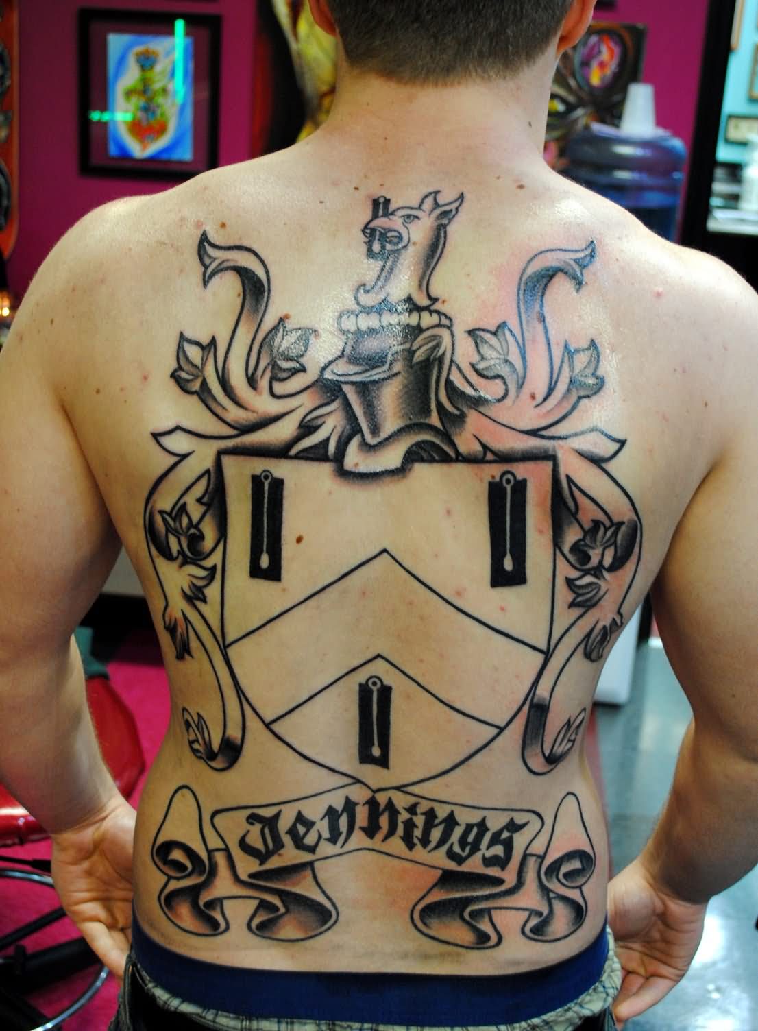 Black Simple Family Crest Tattoo On Man Full Back