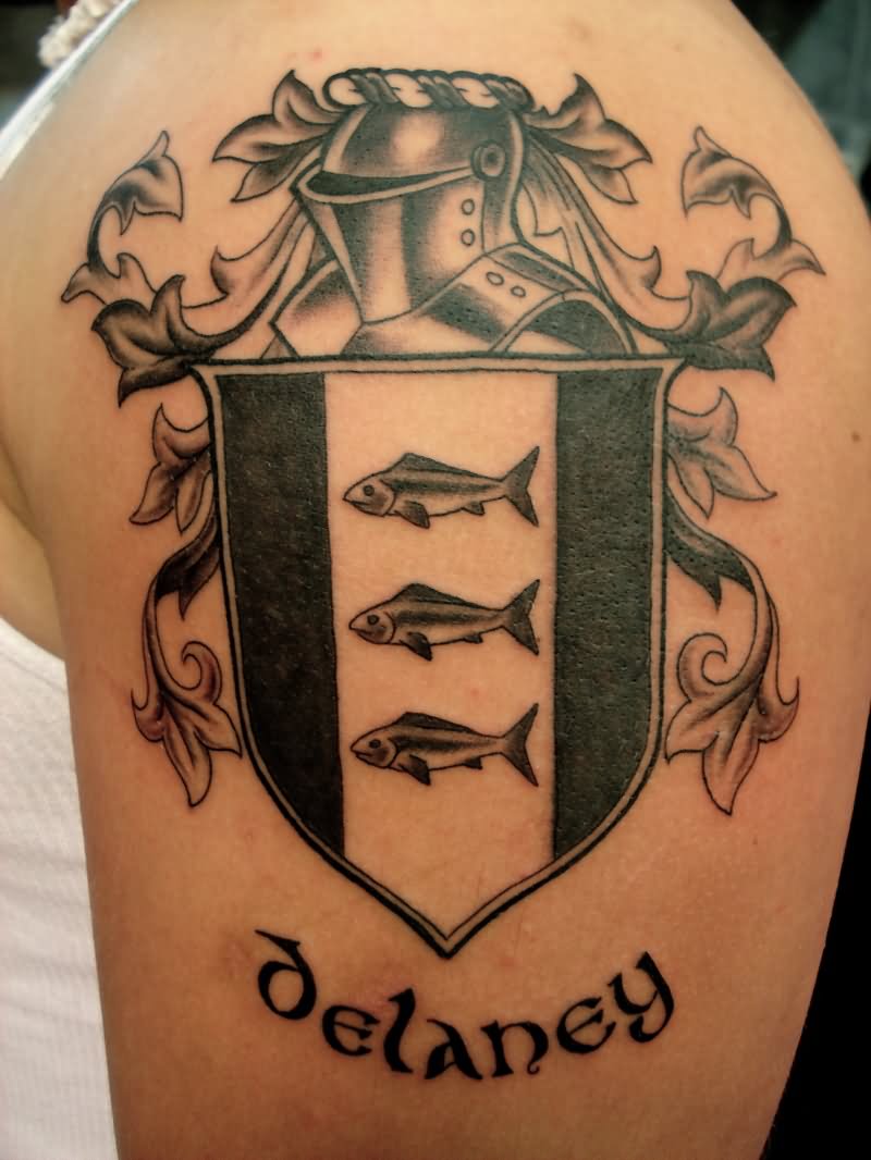 Black Three Fishes In Family Crest Tattoo On Shoulder