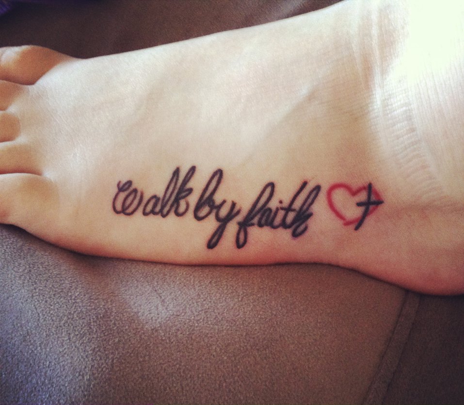 Black Walk By Faith With Cross In Red Heart Tattoo On Foot By Sara Budzynowski