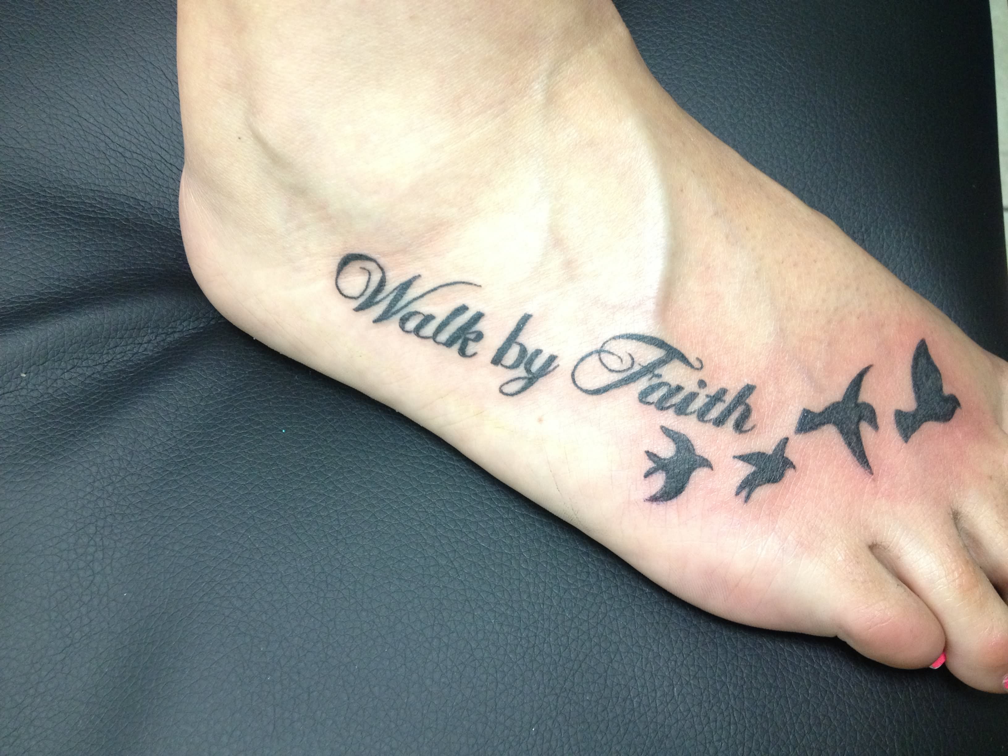 Black Walk By Faith With Flying Birds Tattoo On Foot