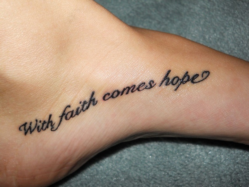 Black With Faith Comes Hope Tattoo On Foot