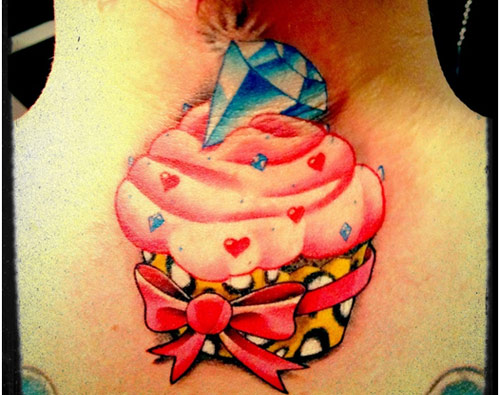 Blue Diamond On Colorful Cupcake Tattoo On Back Neck