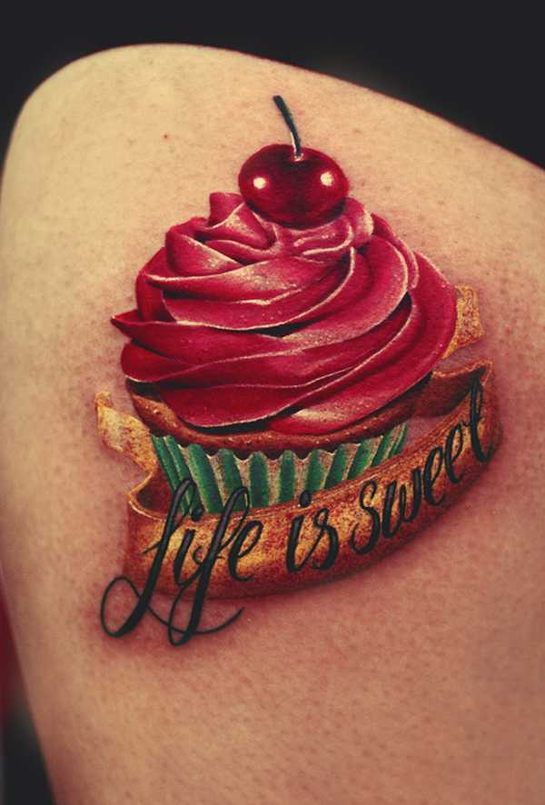 Cheery On Cupcake With Banner Tattoo Design