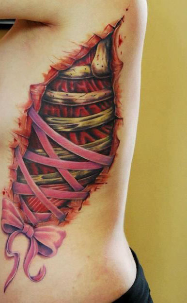Colorful Corset Tattoo On Girl Side Rib