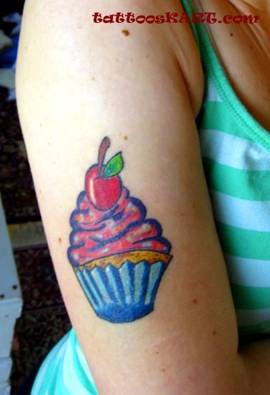 Colorful  Cupcake Tattoo On Half Sleeve