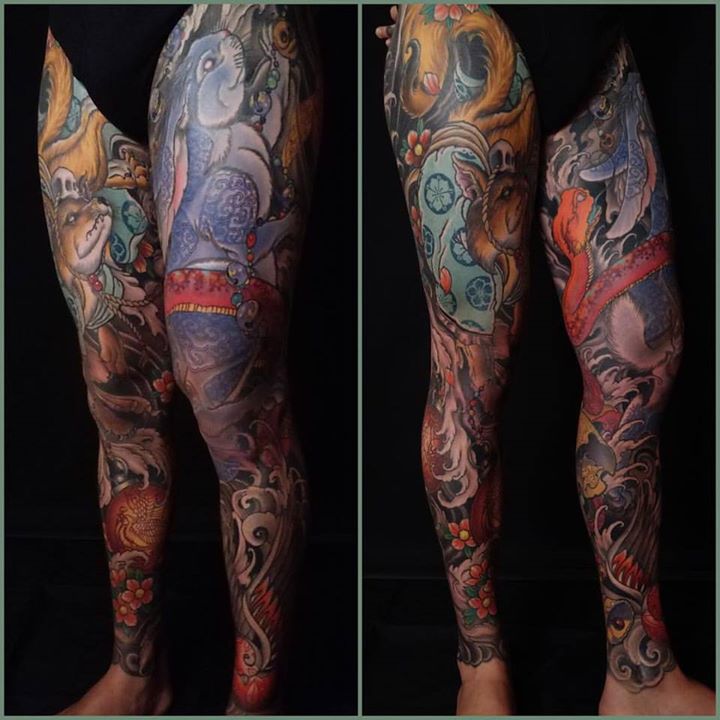 Colorful Full Legs Tattoo