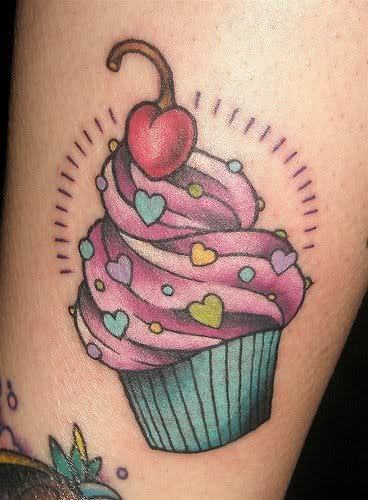 Colorful Heart Cheery On Cupcake Tattoo Design