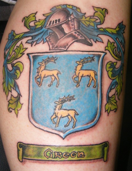 Colorful Three Deer In Family Crest Tattoo Design