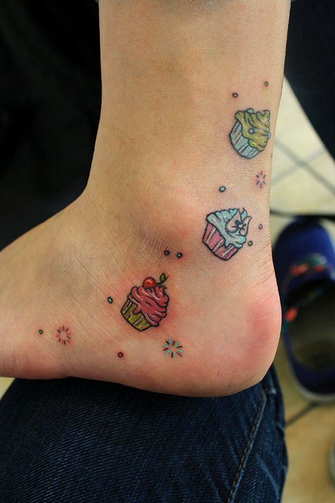 Colorful Tiny Three Cupcake Tattoo On Ankle