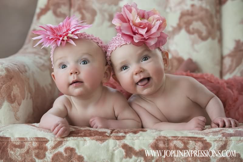 Cute Twin Babies With Flowers Headbands