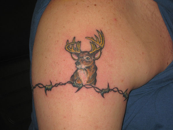 Deer Head With Barbed Wire Tattoo On Shoulder